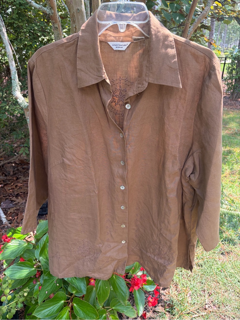 Richard Malcolm Brown 100% Linen Button Embroidered Shirt Women's 1X